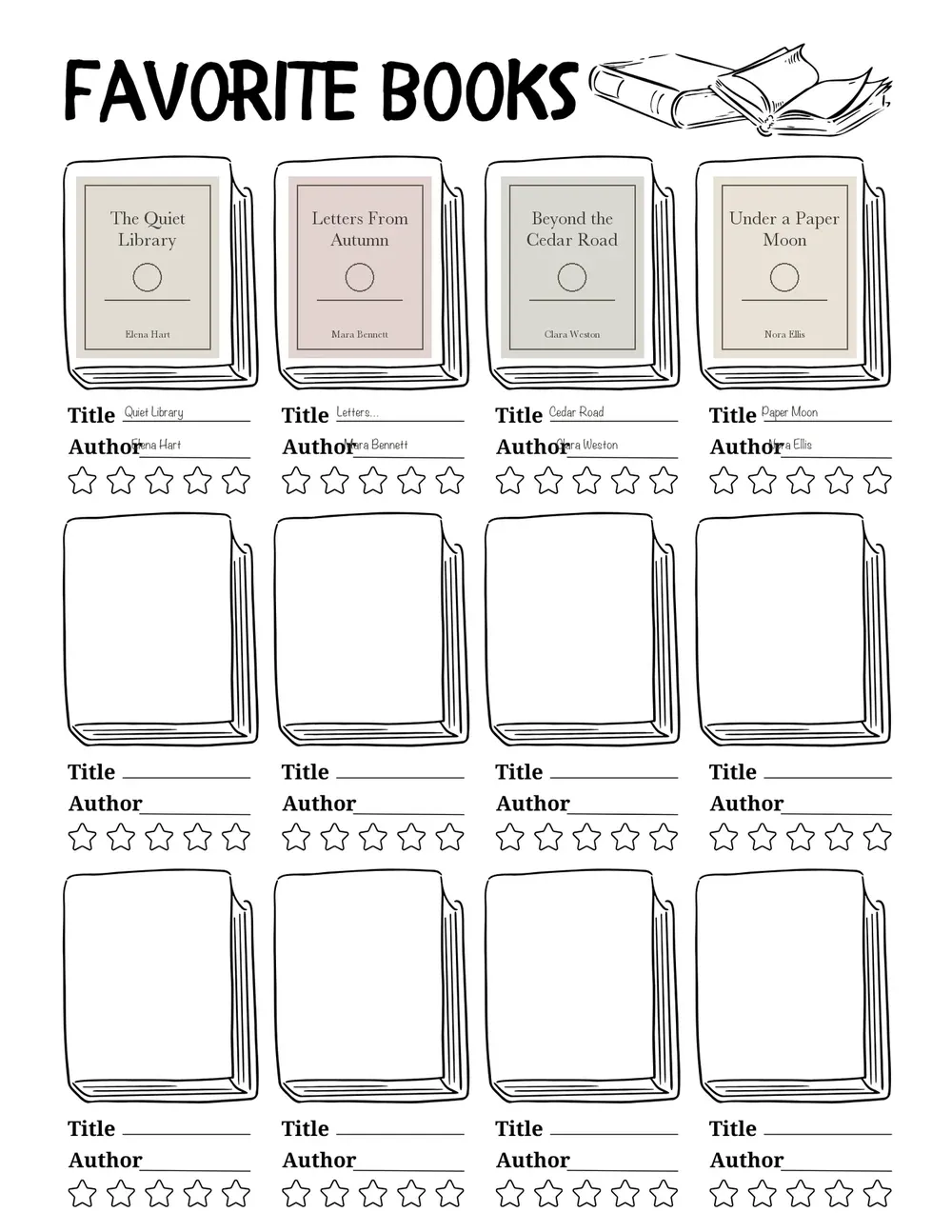 Favorite Books with illustrative filled-in entries