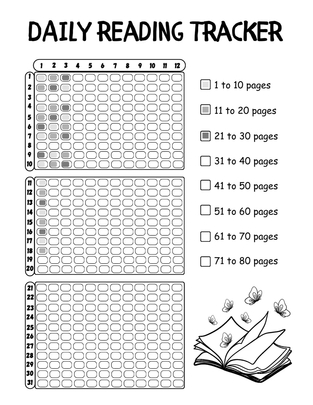Daily Reading Tracker with illustrative filled-in entries