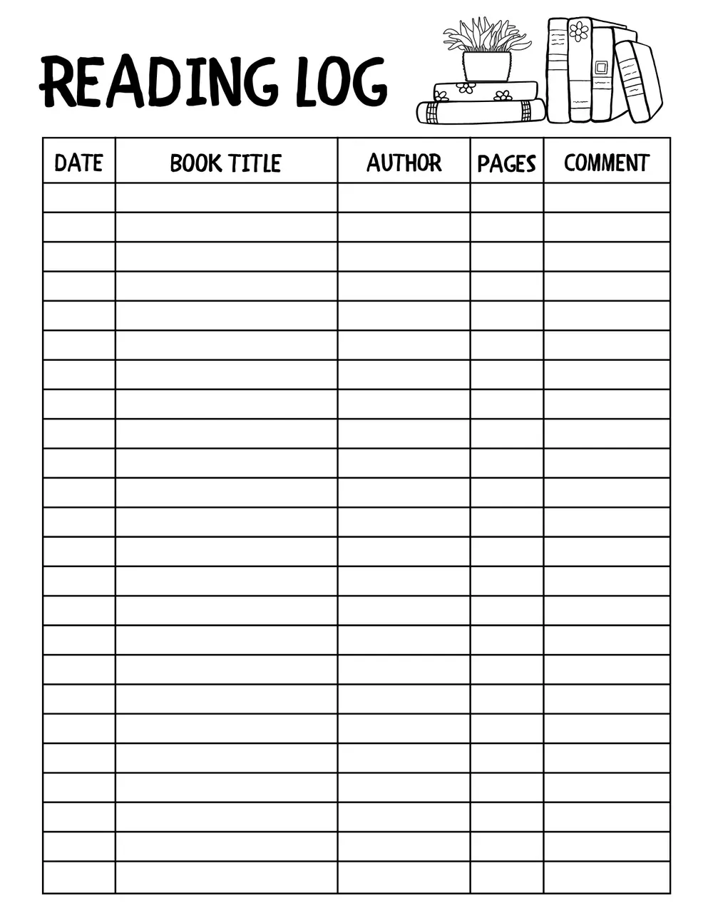 Reading Log — original blank planner page