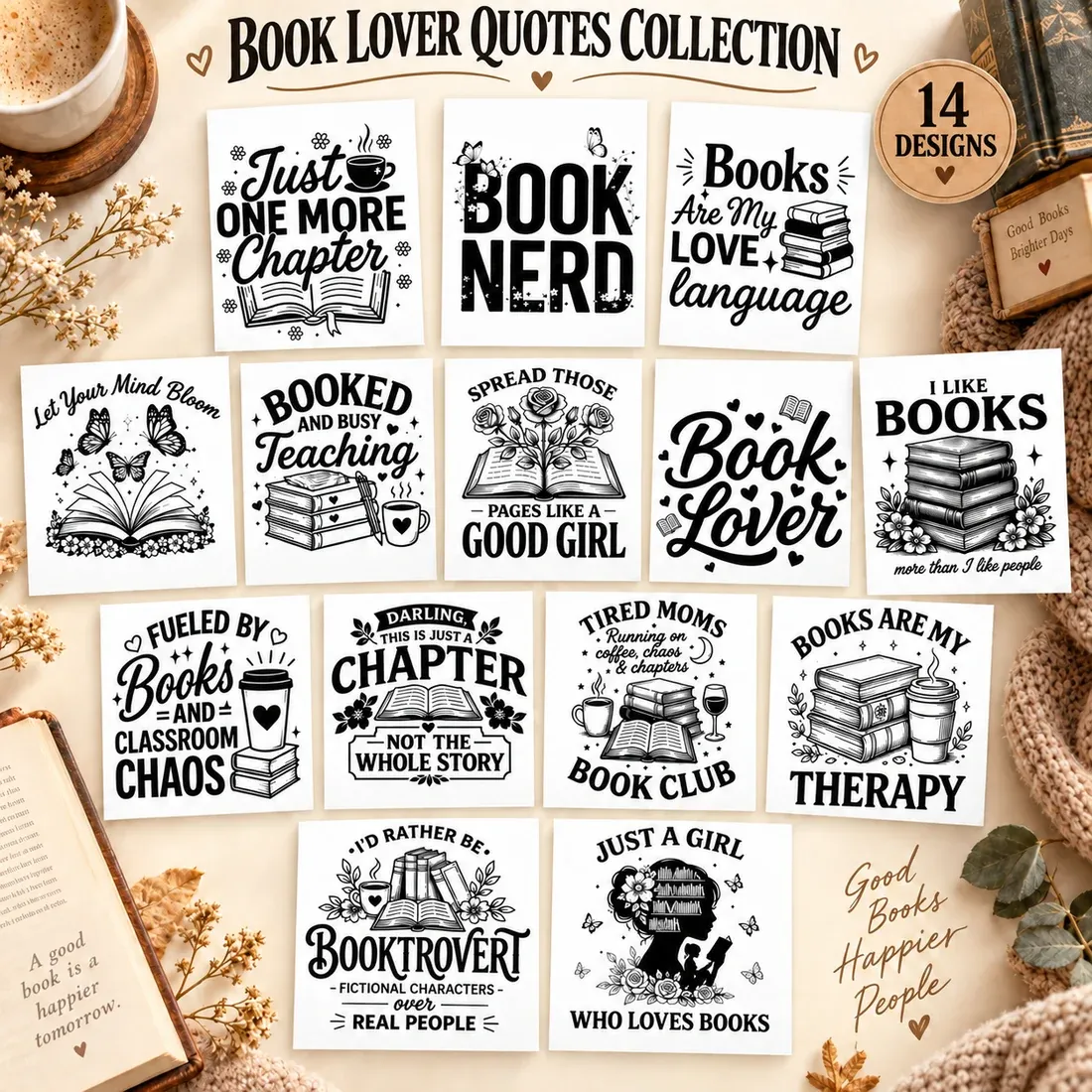 Book Lover Quotes Collection featuring 14 printable designs