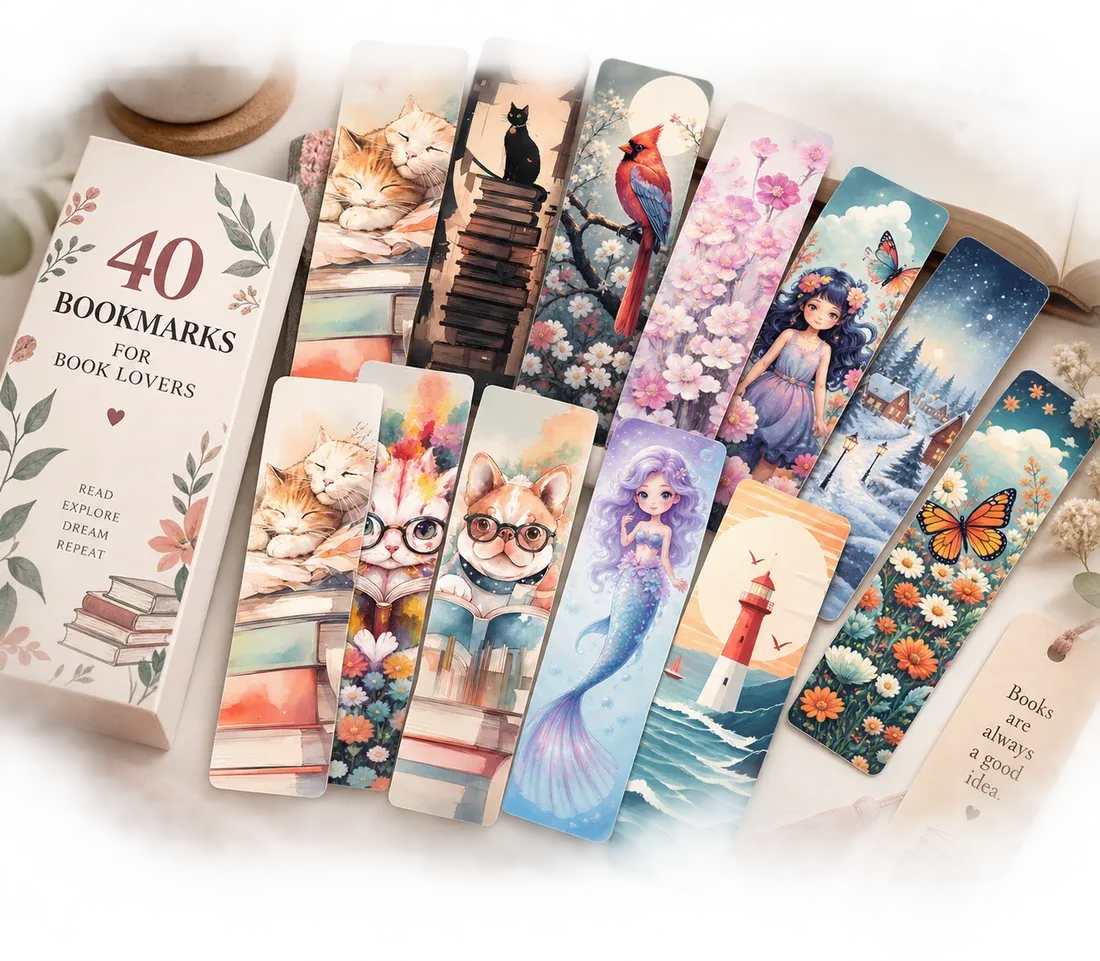 Printable collection of 40 illustrated bookmarks for book lovers