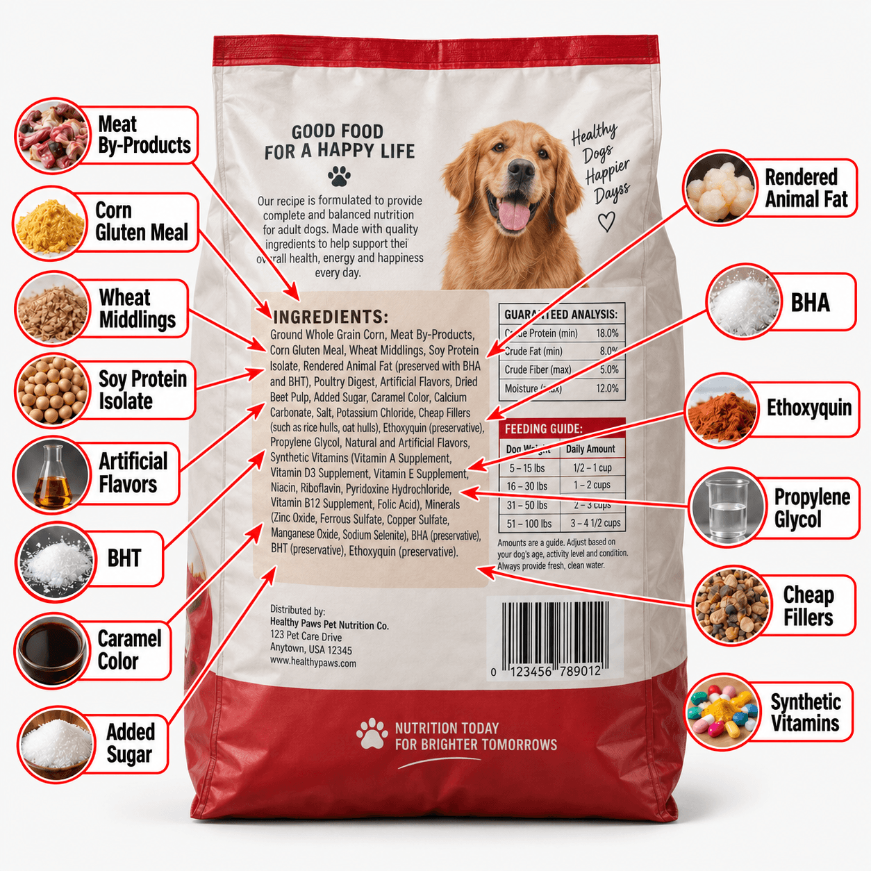 The back of a kibble bag, ingredient list called out
