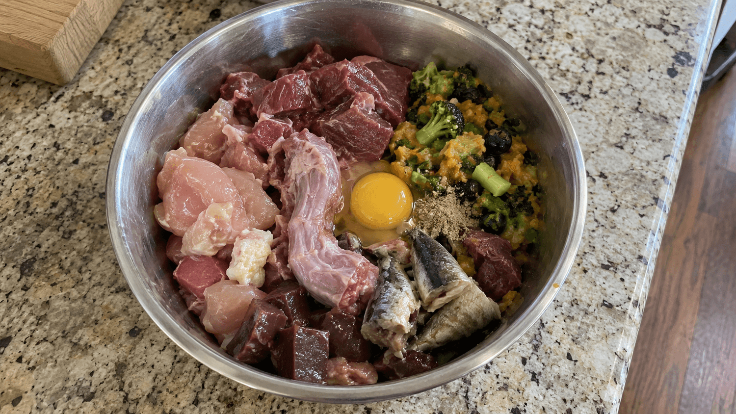 A balanced raw bowl for an adult dog