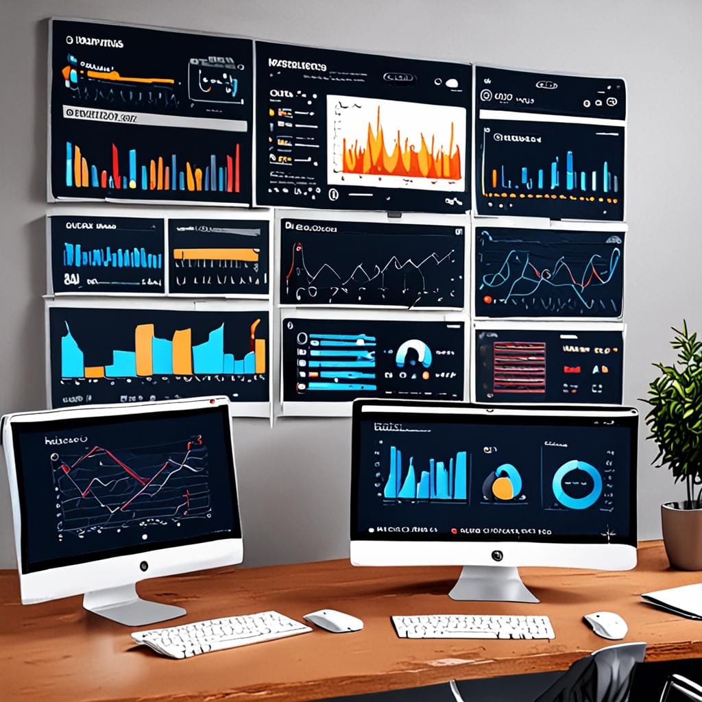 AI business dashboard analytics screens modern office high resolution