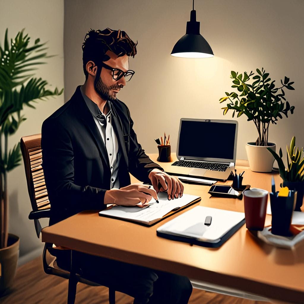 solopreneur working at desk laptop AI business workspace modern home office high resolution