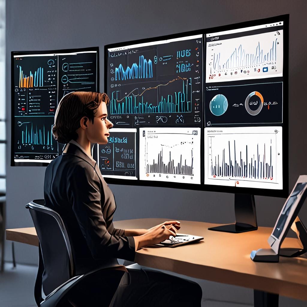 solo entrepreneur speaking to AI assistant beside multiple business dashboards, modern office, high resolution