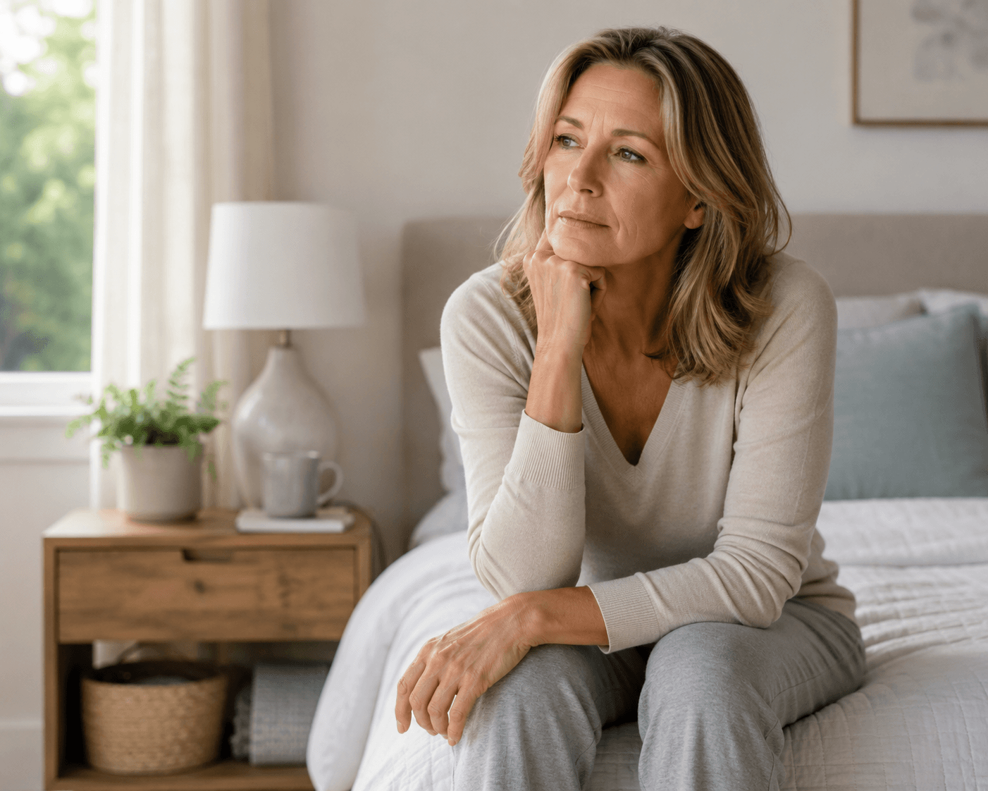 Woman experiencing symptoms commonly associated with hormonal changes