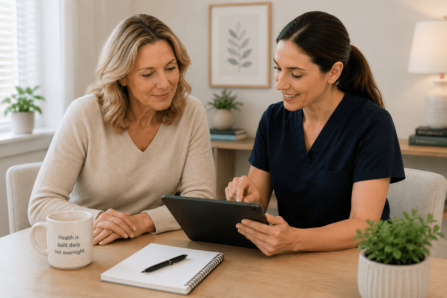 Patient and healthcare provider reviewing an ongoing hormone care plan together.