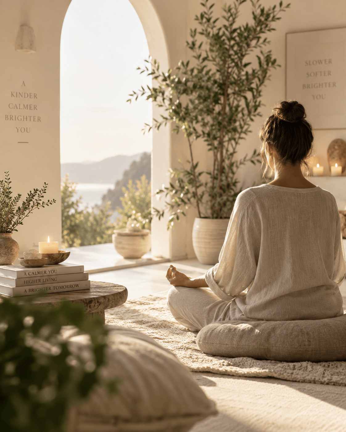 Woman meditating in a sunlit room
