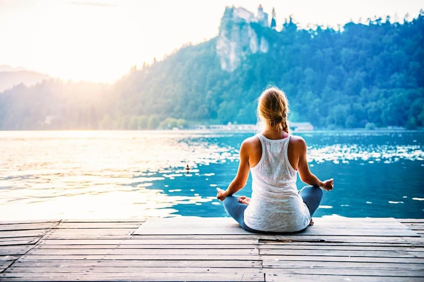 meditation, lake, sunrise, woman