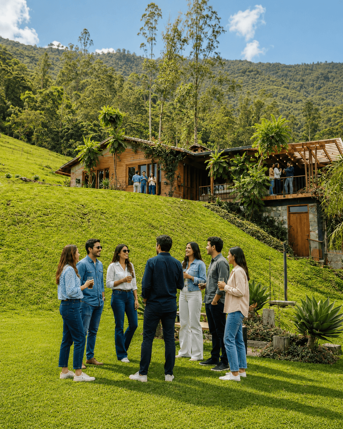 Equipo de trabajo conversando en los jardines de Yumba Urqu