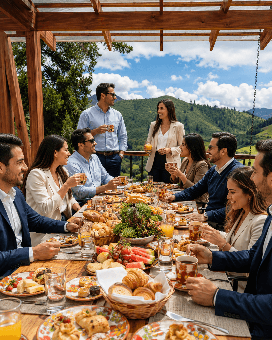 Mesa larga con comida para evento de empresa