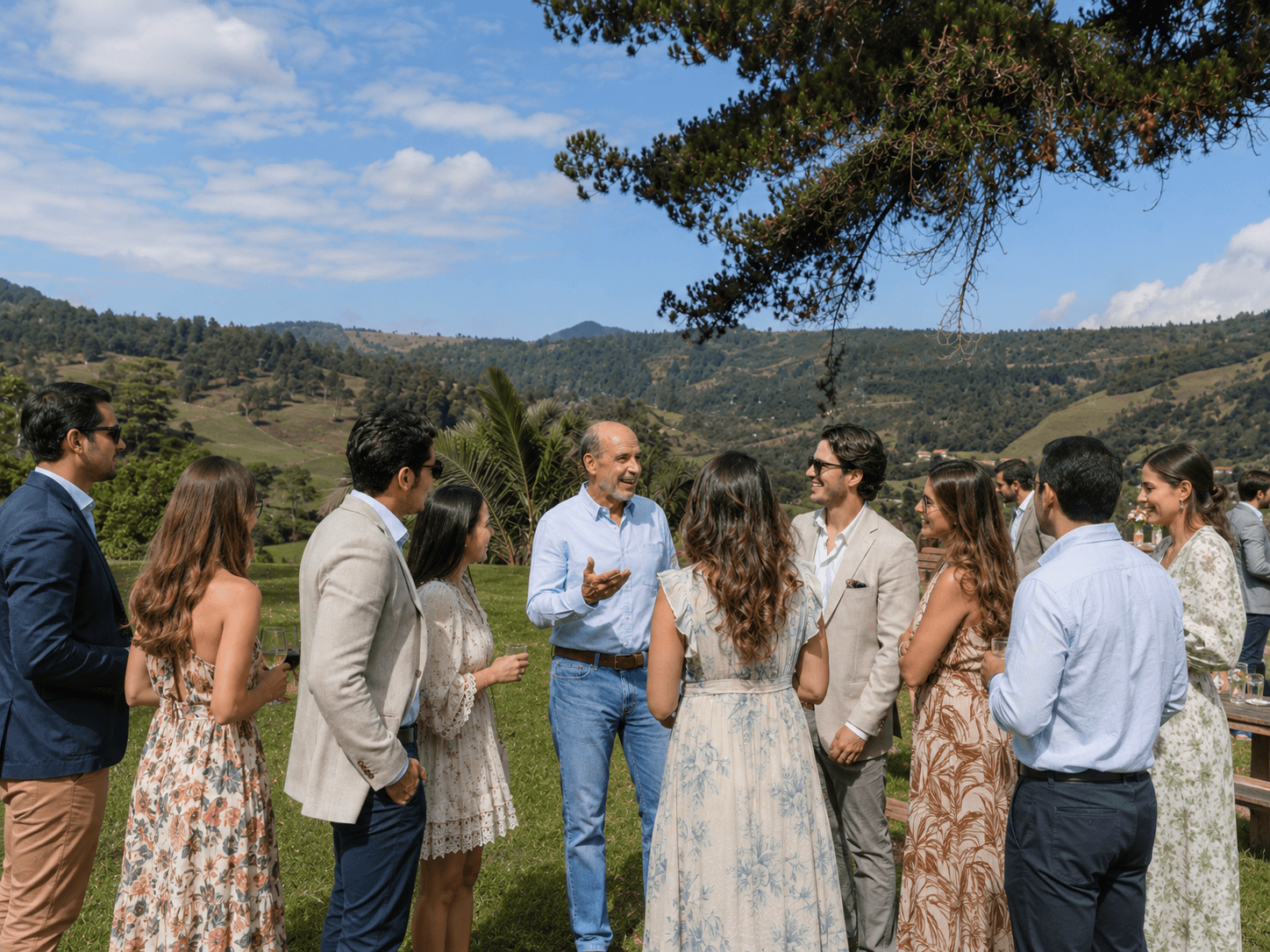 Invitados disfrutando una celebración en los jardines de Yumba Urqu