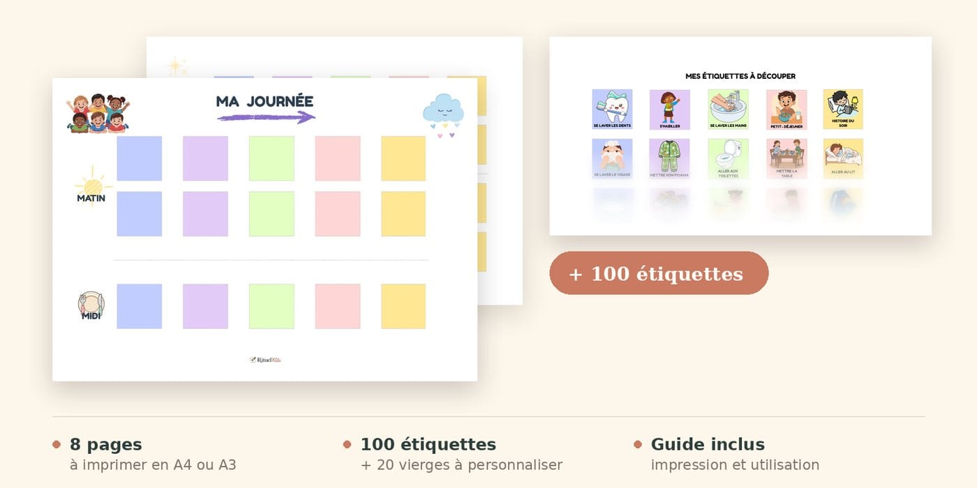 Aperçu du planning journalier Rituel Kids et de ses étiquettes illustrées