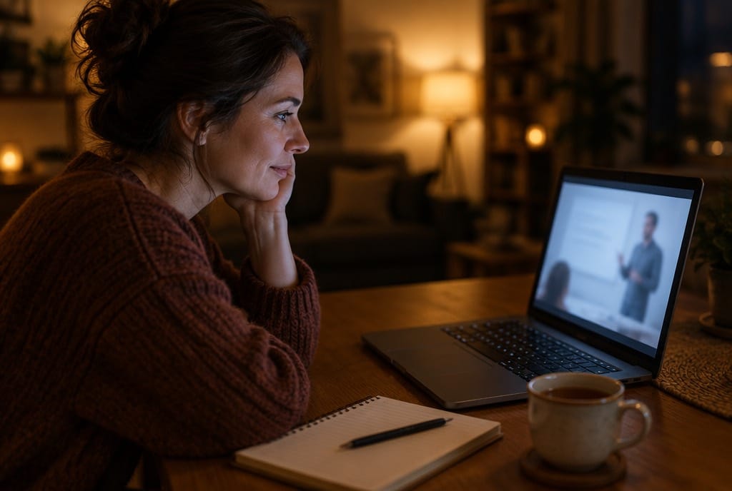 Una donna segue da casa, la sera, un incontro online davanti al portatile