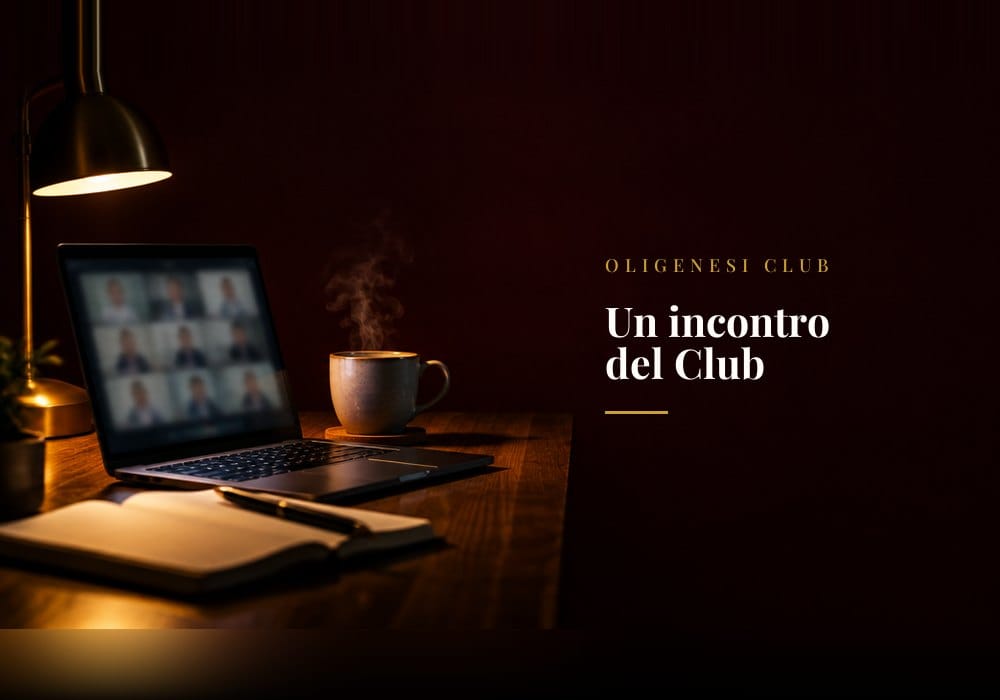Una scrivania la sera: un portatile con l'incontro in diretta, una tazza e un quaderno