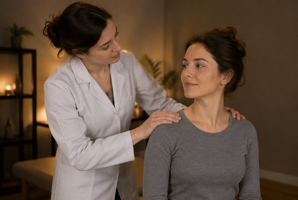 Un'operatrice lavora sulla spalla di una donna seduta e le guarda il viso per osservarne la reazione