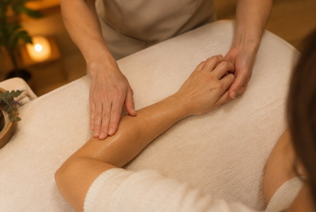 Le mani di un'operatrice lavorano lentamente sull'avambraccio e sulla mano di una persona