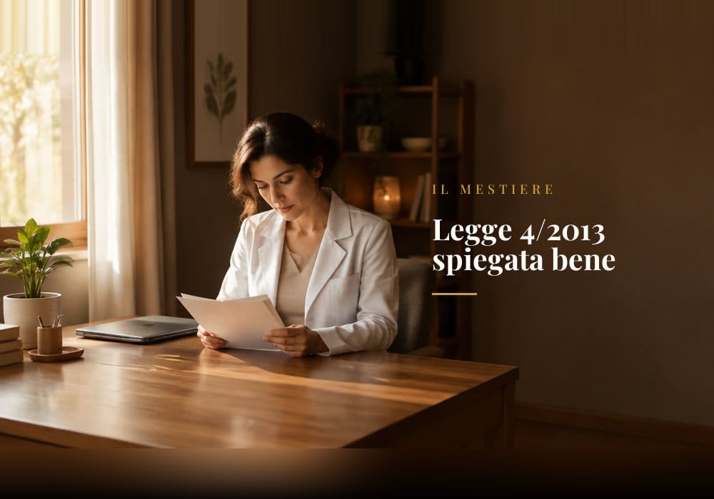 Una professionista del benessere alla scrivania del proprio studio, con dei fogli in mano