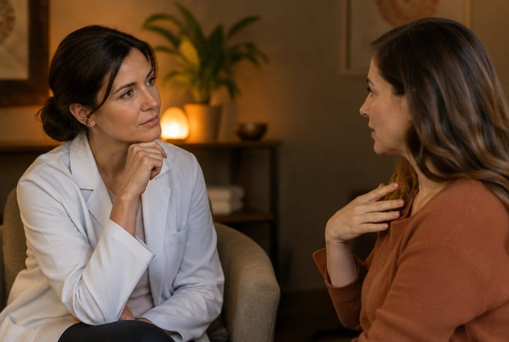 Due donne sedute una di fronte all'altra in uno studio, in un colloquio pacato