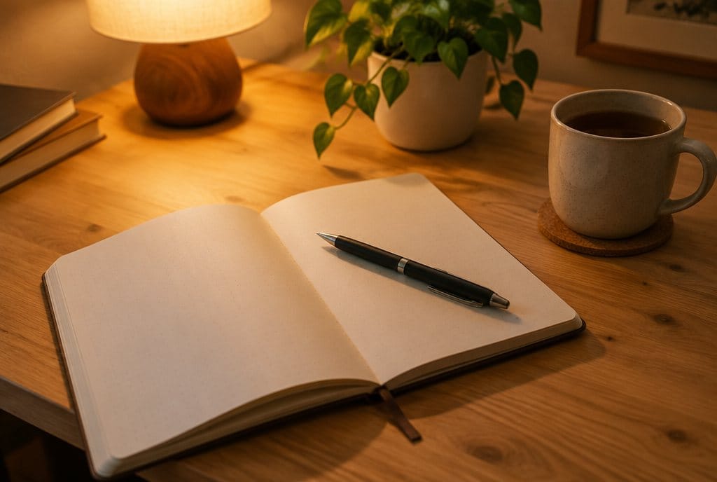 Un quaderno aperto con una penna appoggiata sopra, su una scrivania di legno chiaro