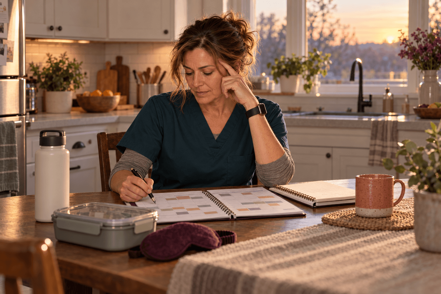 Tired nurse reviewing her schedule after a long healthcare shift
