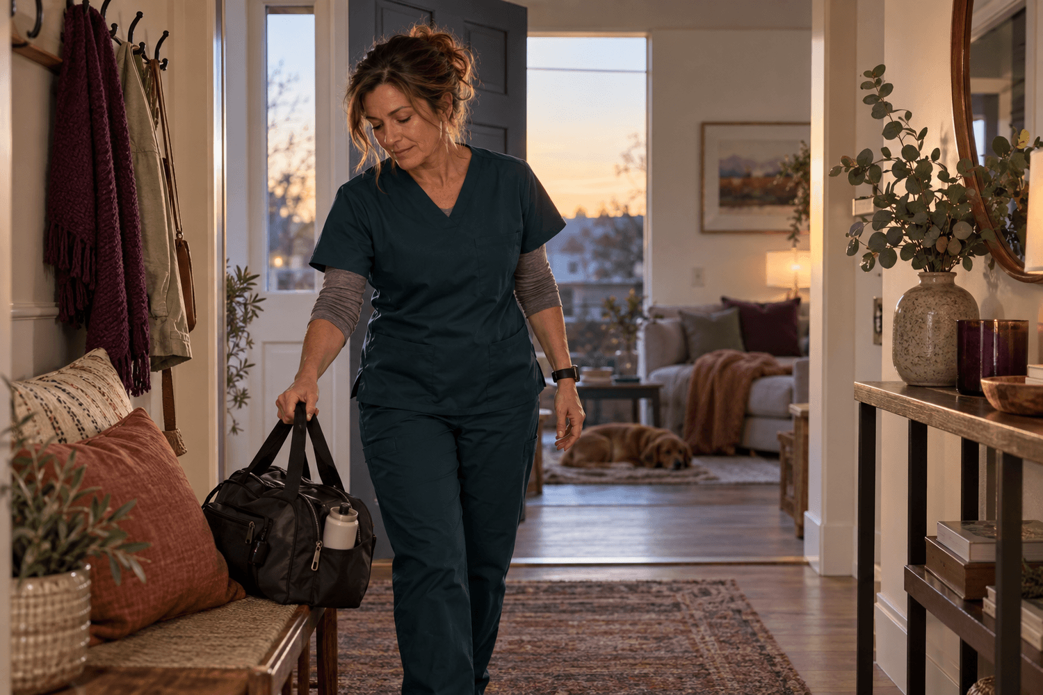 Midlife nurse returning home after a demanding night shift