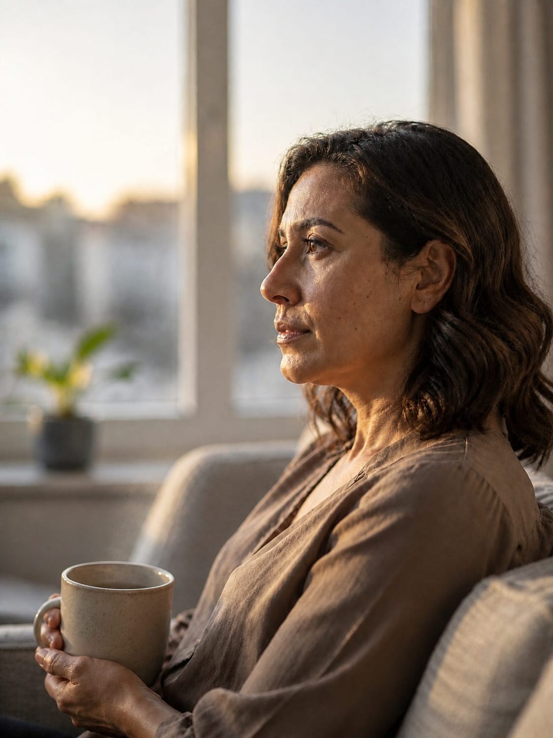 Woman caregiver taking a calm moment with a cup