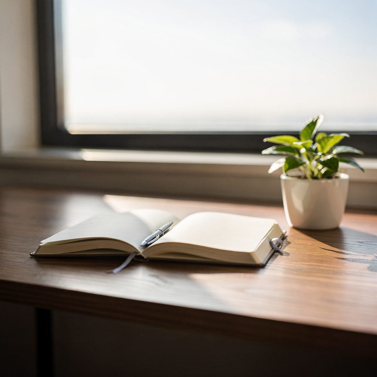 Open notebook on a desk next to a plant