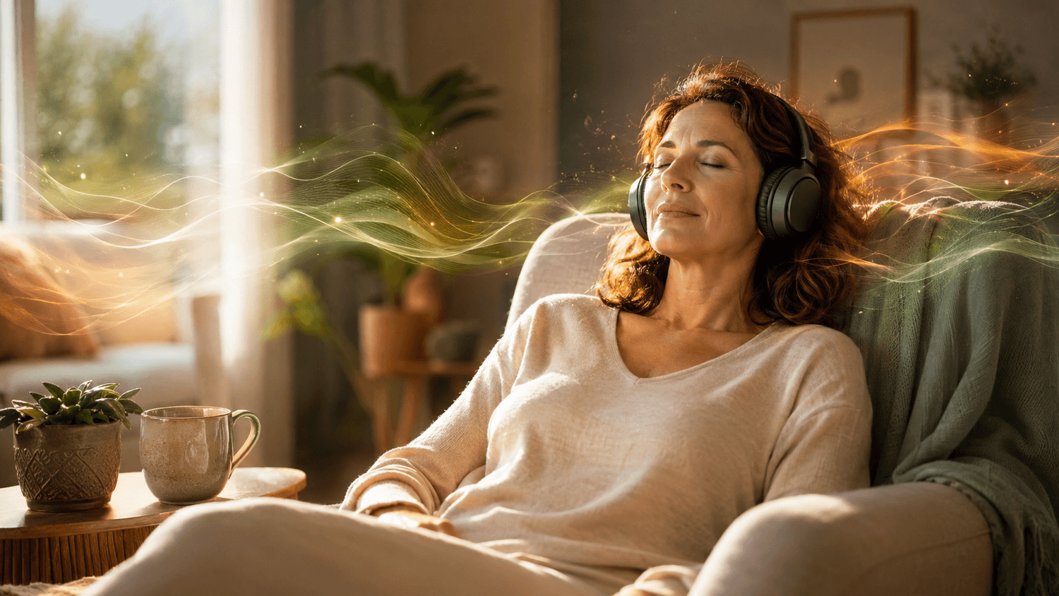 A person setting aside fifteen quiet minutes with headphones in soft daylight