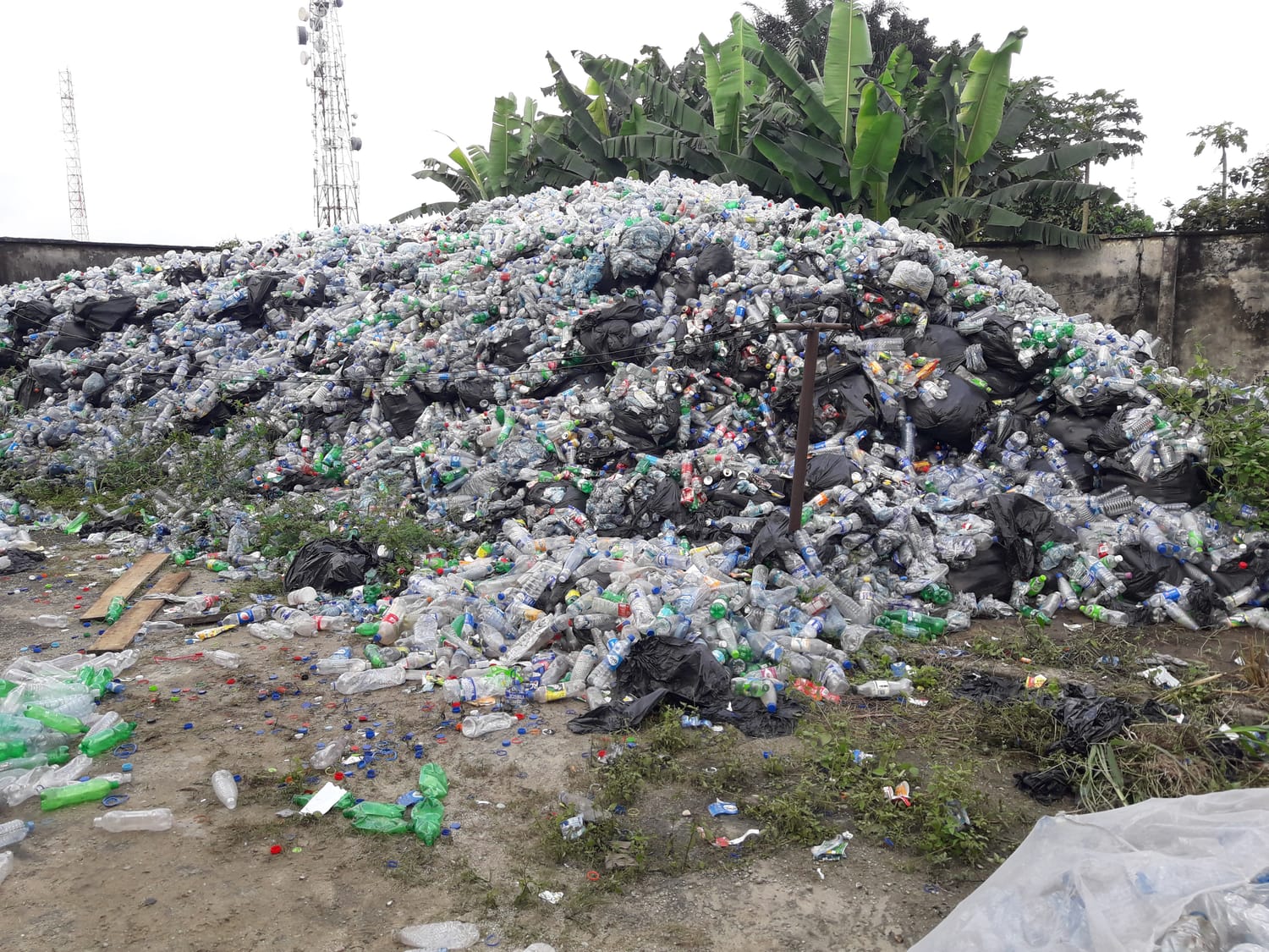 A large pile of collected recyclable plastic waste