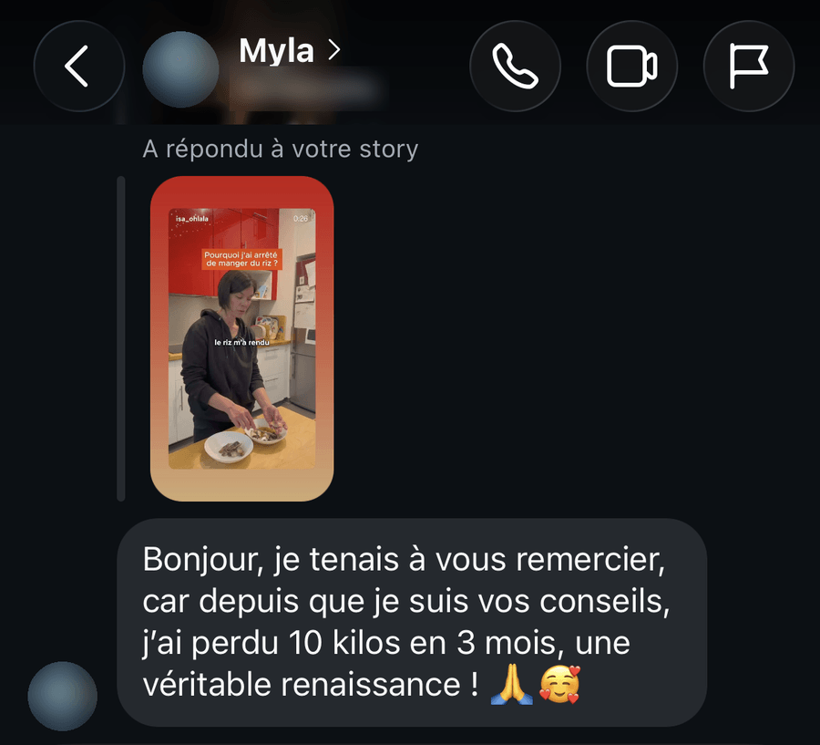 Message de Myla sur Instagram : 10 kilos en 3 mois