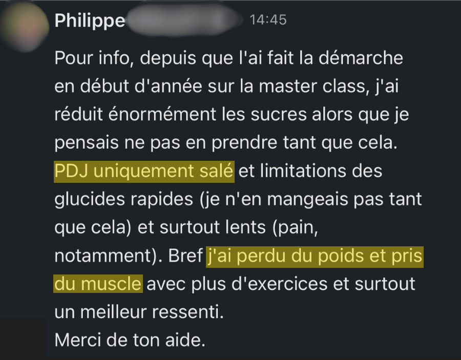 Message de Philippe : sucres réduits, petit-déjeuner salé, du poids en moins et du muscle en plus
