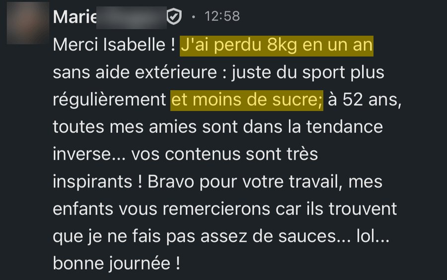 Message LinkedIn de Marie, 52 ans : 8 kg perdus en un an, avec plus de sport et moins de sucre