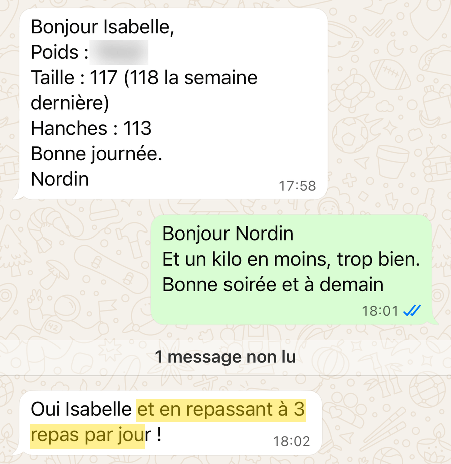 Message WhatsApp de Nordin : tour de taille de 118 à 117 cm en une semaine, en repassant à 3 repas par jour