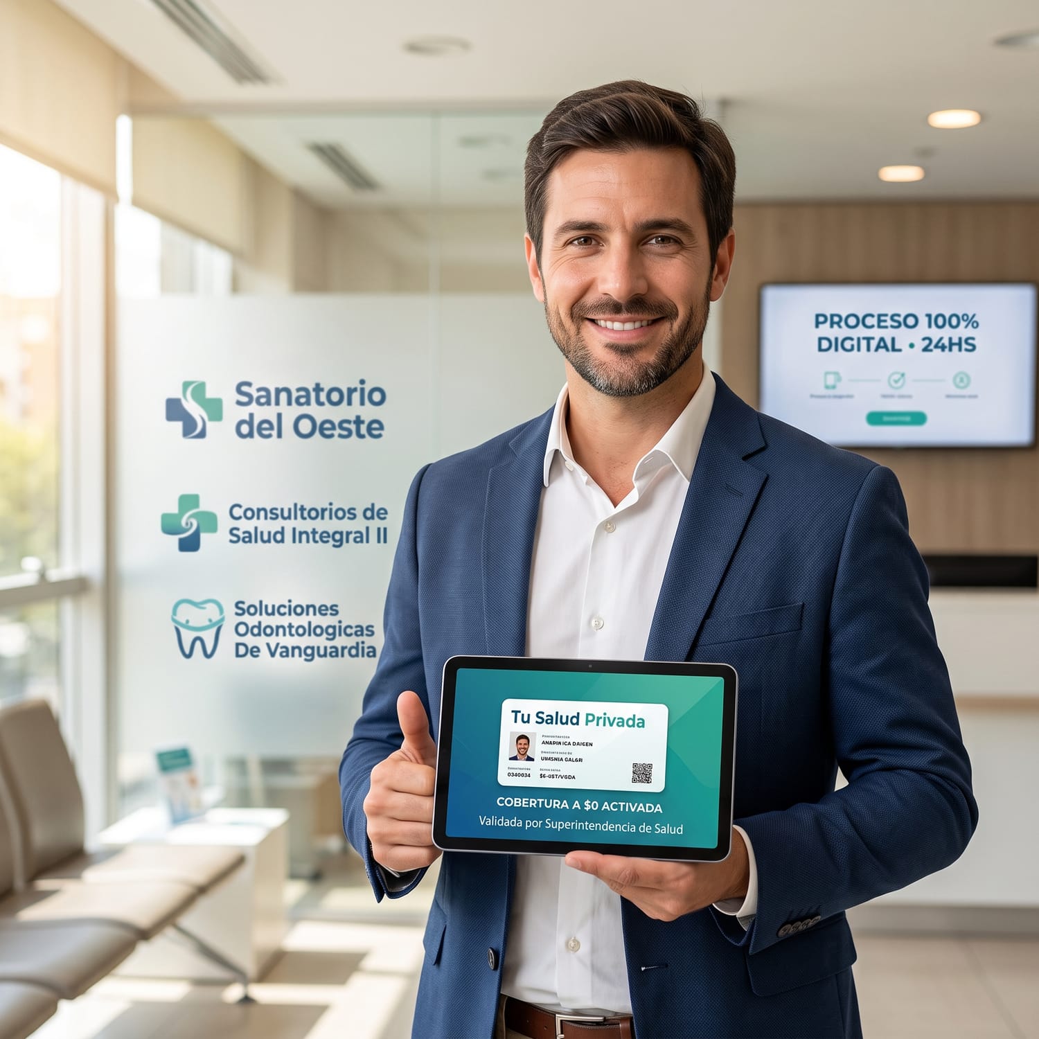 Padre de familia feliz con su nueva credencial para su Salud Privada