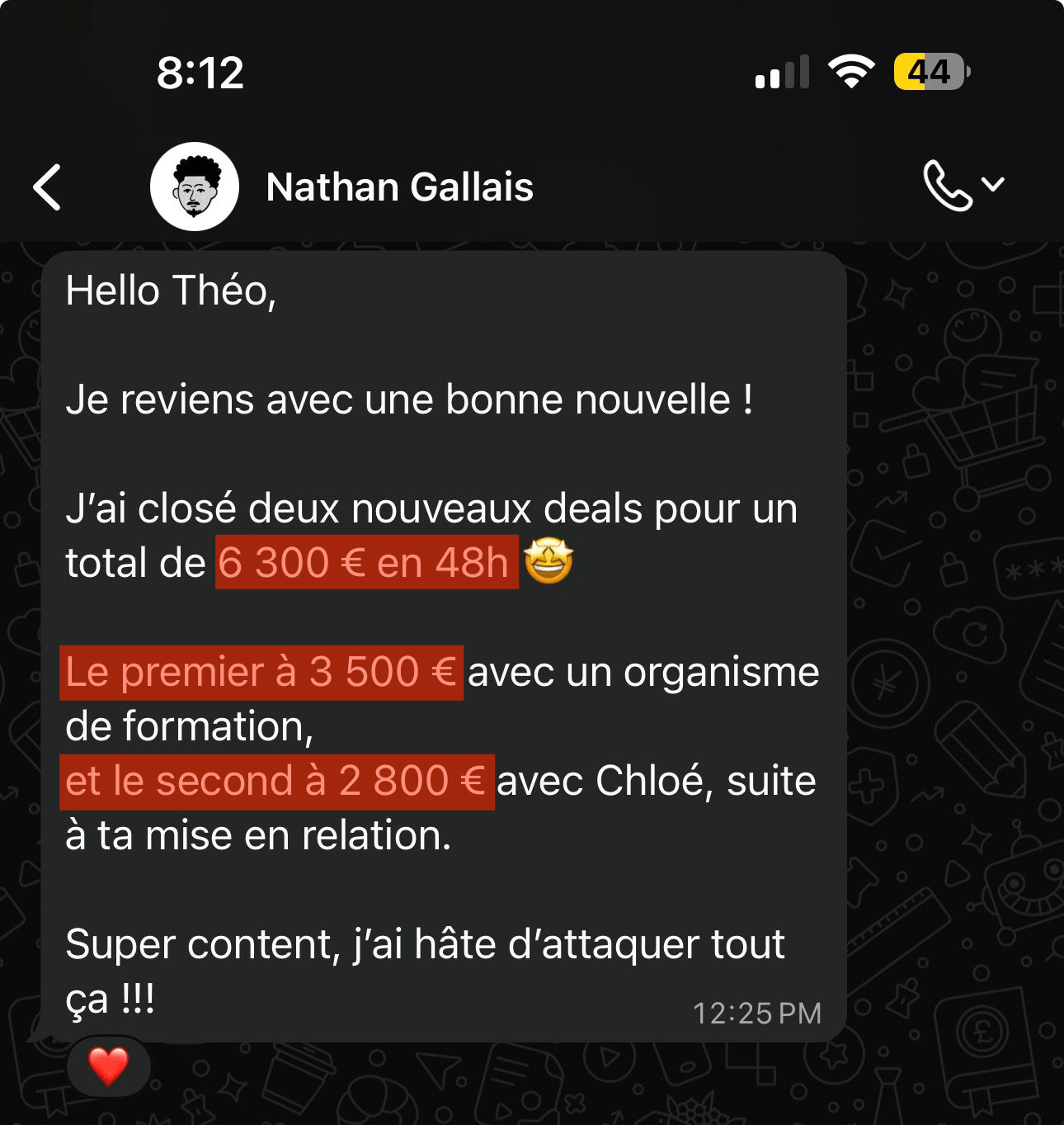 Capture de messages — témoignage de Nathan sur son closing
