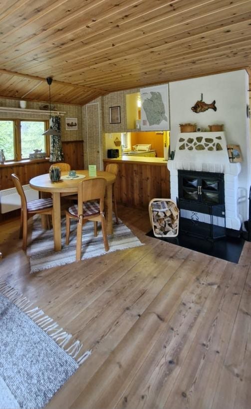 Dining area with white stove