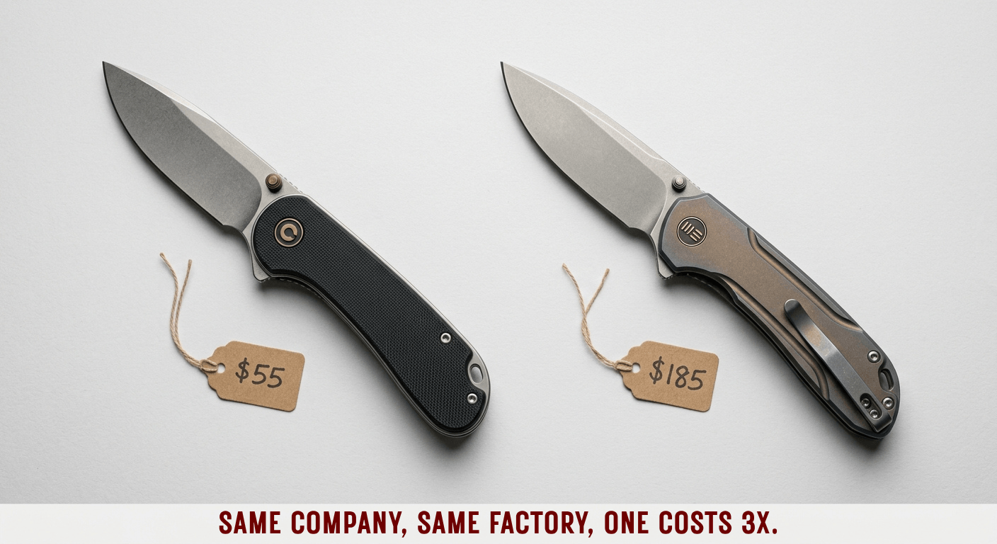 Two near-identical knives from the same factory, with the price gap called out