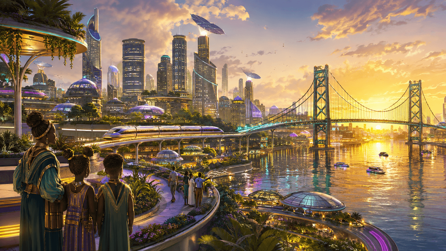 A family looks toward a bright future city