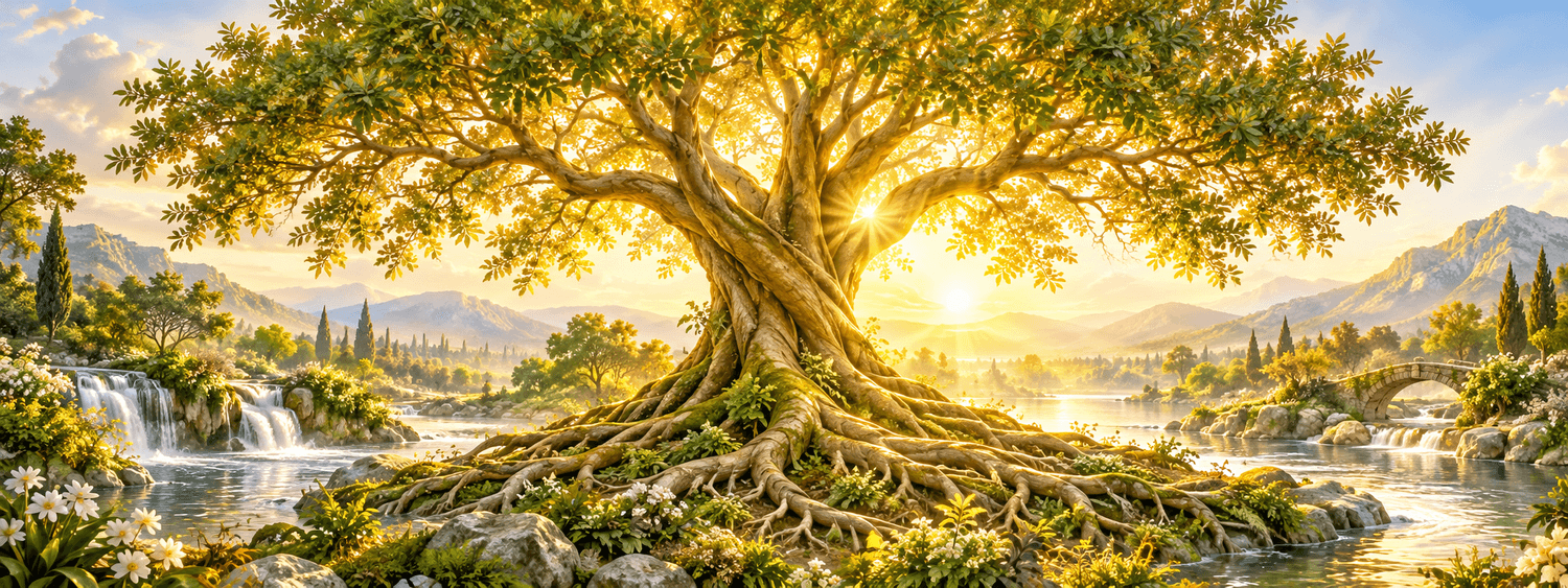 Tree of Life with spreading branches and roots beside a sunlit river
