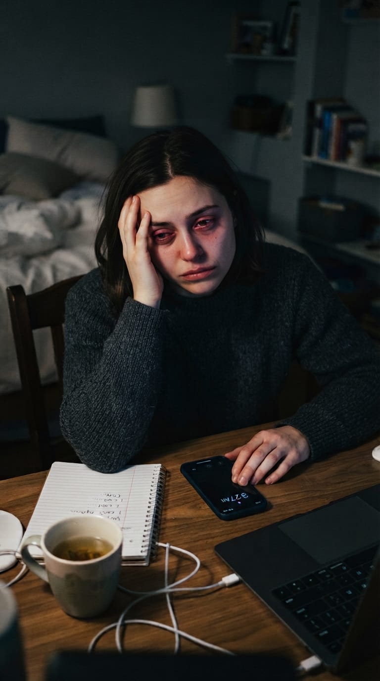 Overwhelmed adult pausing at a desk after repeatedly checking messages