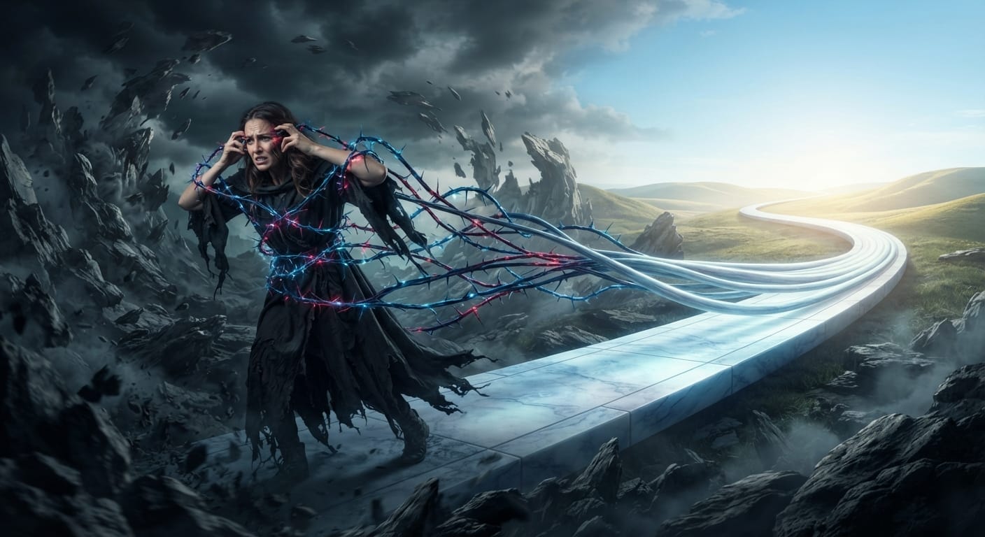 Visual representation of mental tension becoming a clear forward path