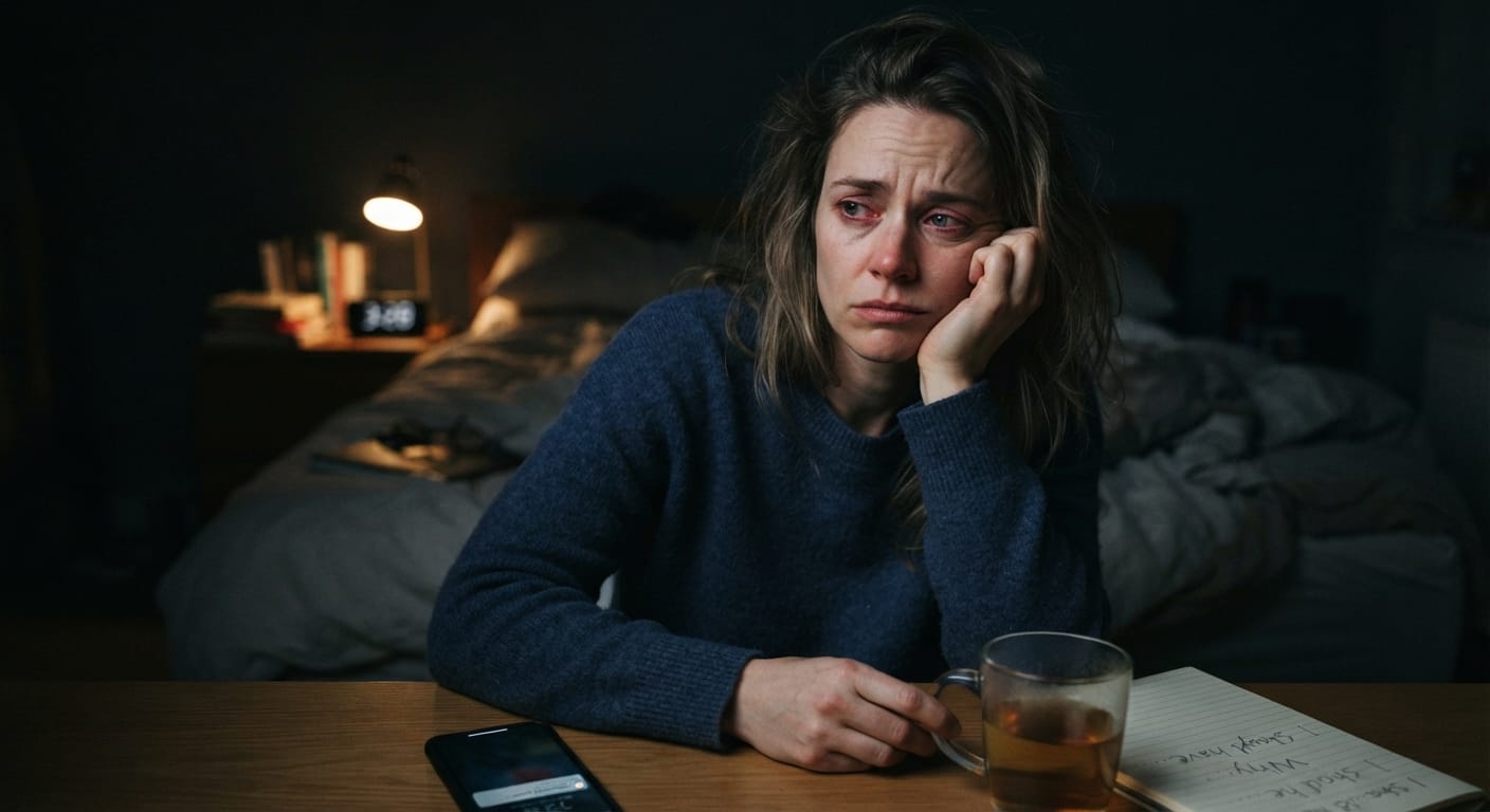 Tired adult awake at night while replaying a difficult thought