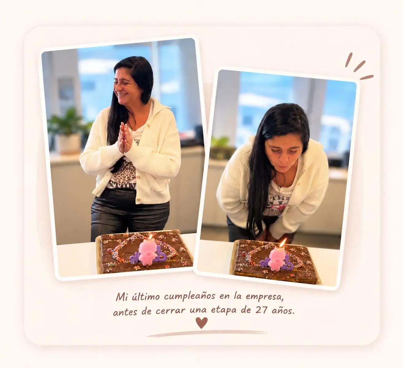 Adriana soplando las velitas en su último cumpleaños en Telefónica