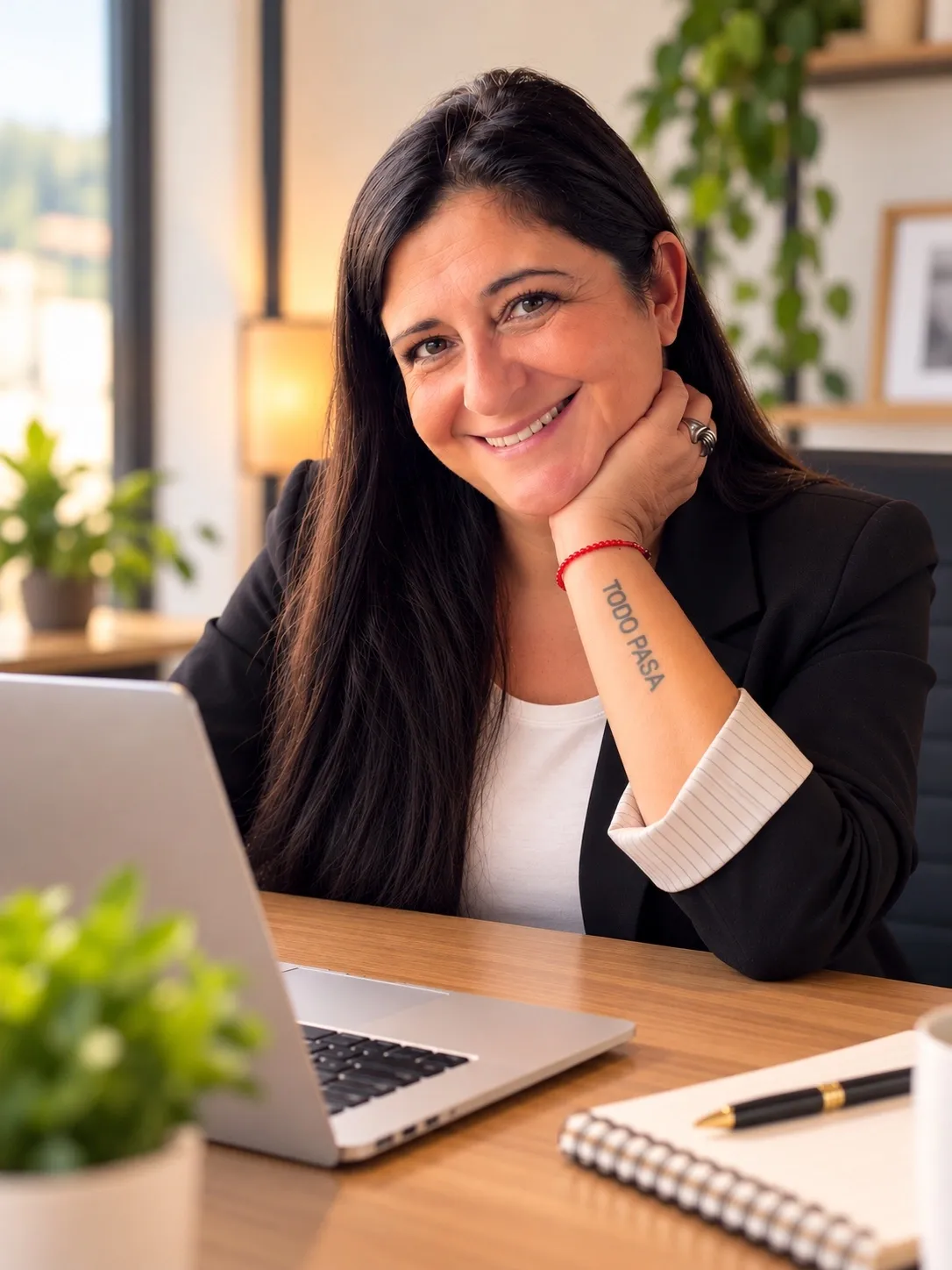 Adriana Graziano sonriendo en su escritorio