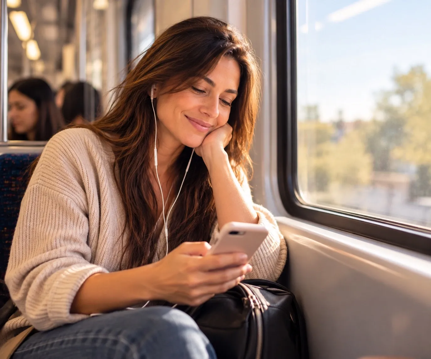 Mujer sonriendo con el celular mientras viaja en tren