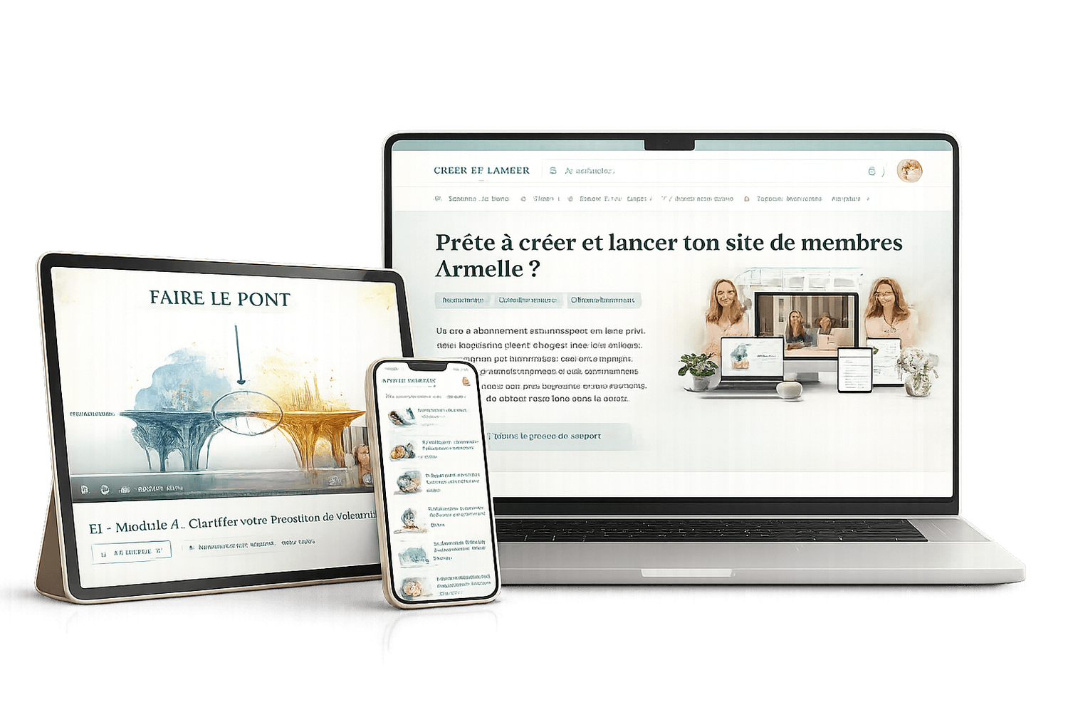 Mock-up ordinateur, tablette et téléphone affichant l'intérieur du site à abonnement Créer et Lancer