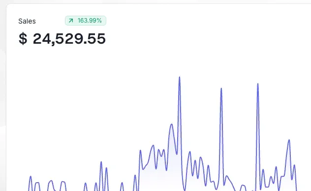 Sales dashboard showing $24,529.55 in sales, up 163.99%