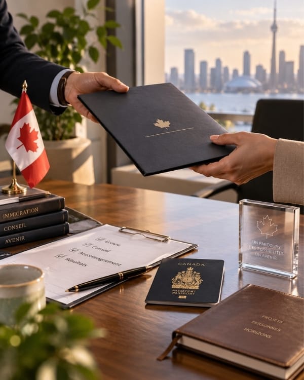 Remise d’un dossier dans un bureau, avec un drapeau canadien.